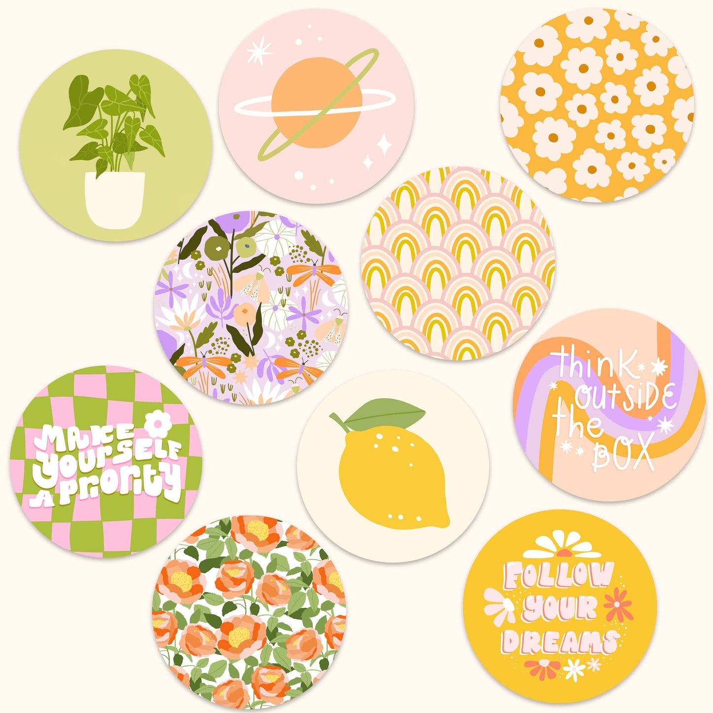 Lot de 10 stickers ronds - Joy