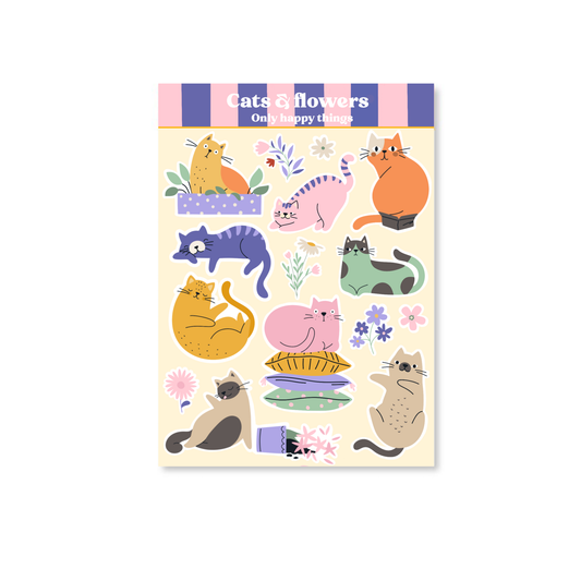 Planche de stickers - Chats et fleurs
